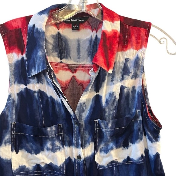Rock & Republic Ladies Red, White and Blue Tie-Dye Sleeveless Button Up, M - Picture 2 of 7